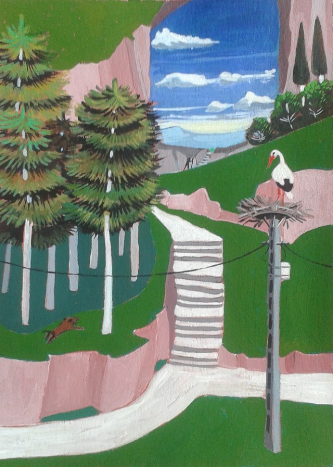 Walking to the 6th continent. 2015. J.Harms. Gouache on red paper.  10.5x14.8cm