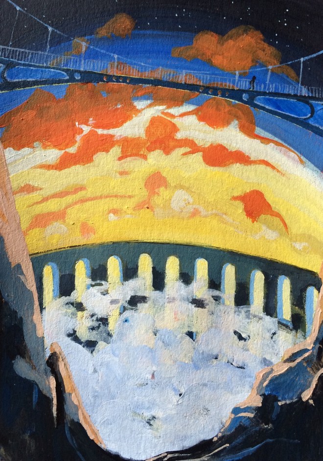 Le barrage à nuages. 2015. J.Harms. 10x15cm. Acrylic on paper.