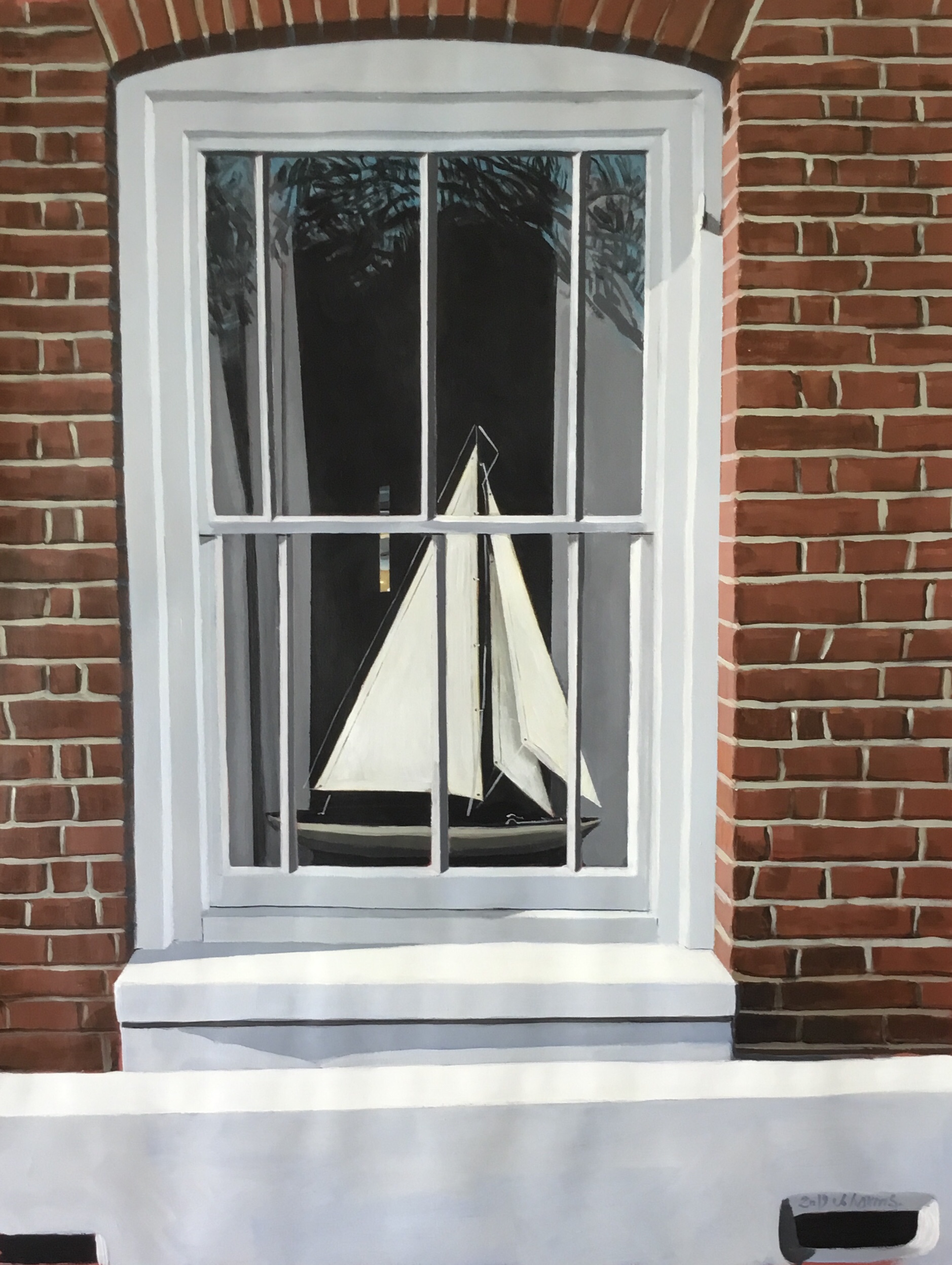 Boat behind the window. Windows of Rye. 2019